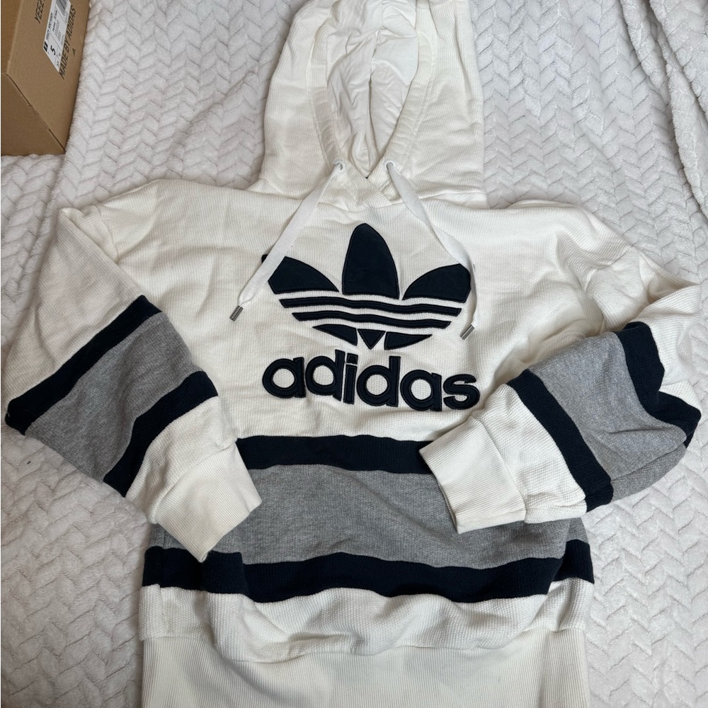 Adidas White and Gray Striped Hoodie